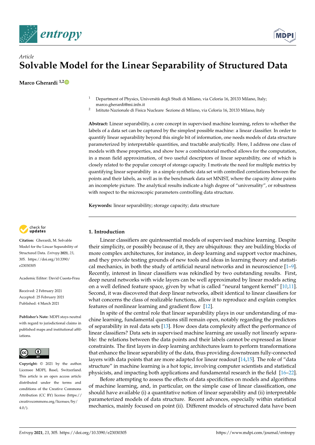 Solvable Model for the Linear Separability of Structured Data