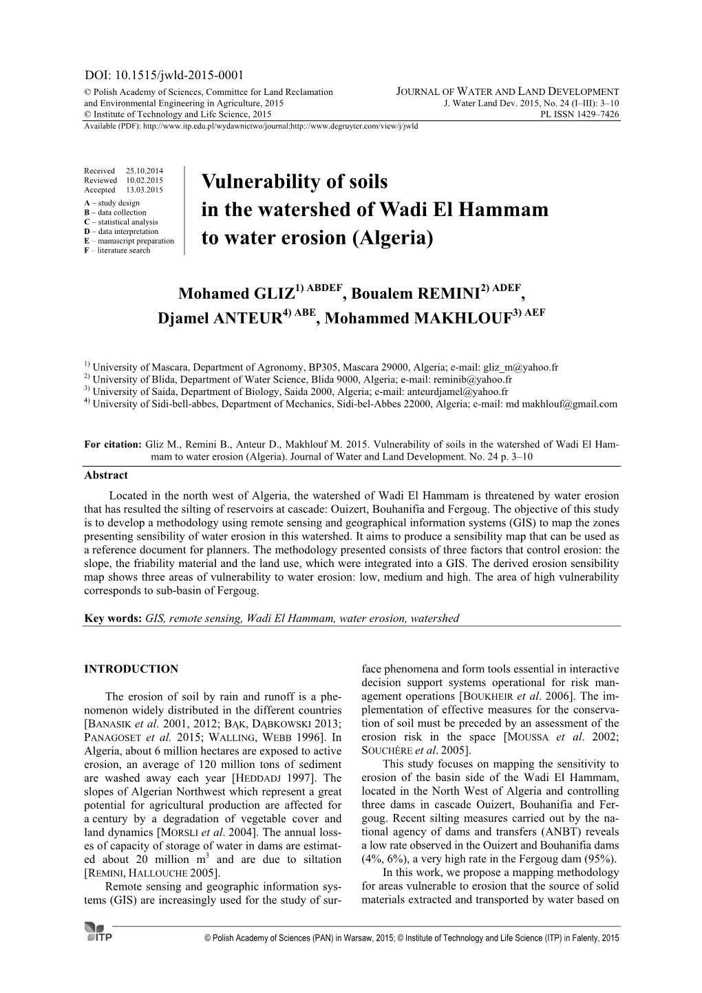 Vulnerability of Soils in the Watershed of Wadi El Hammam to Water Erosion (Algeria) 5