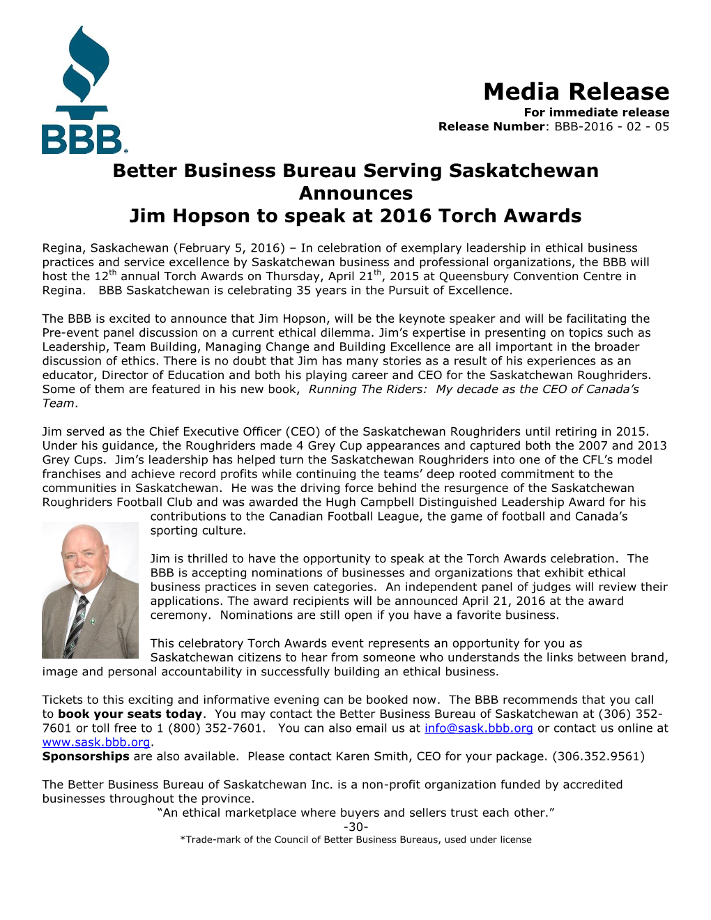 Media Release for Immediate Release Release Number: BBB-2016 - 02 - 05