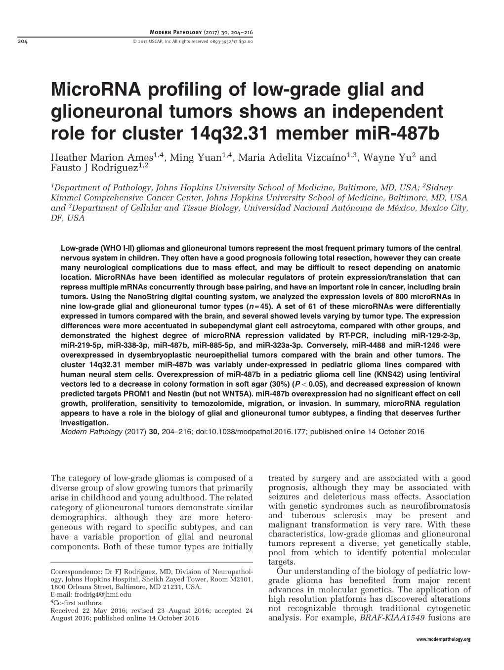 Microrna Profiling of Low-Grade Glial and Glioneuronal Tumors Shows An