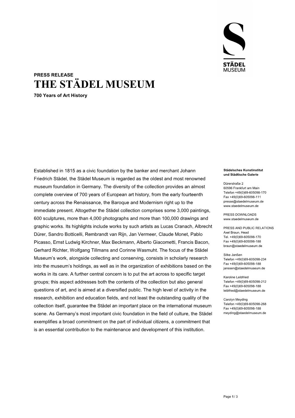 THE STÄDEL MUSEUM 700 Years of Art History