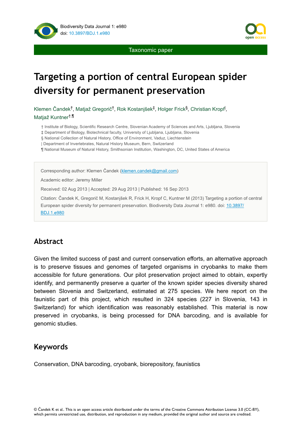 Targeting a Portion of Central European Spider Diversity for Permanent Preservation