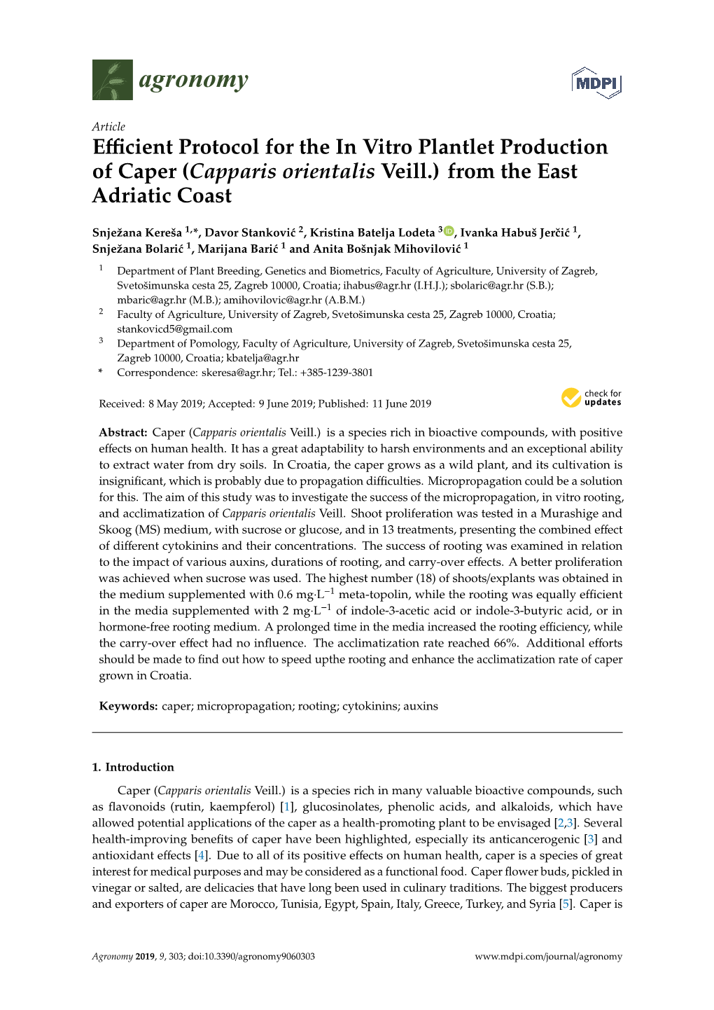 Efficient Protocol for the in Vitro Plantlet Production of Caper