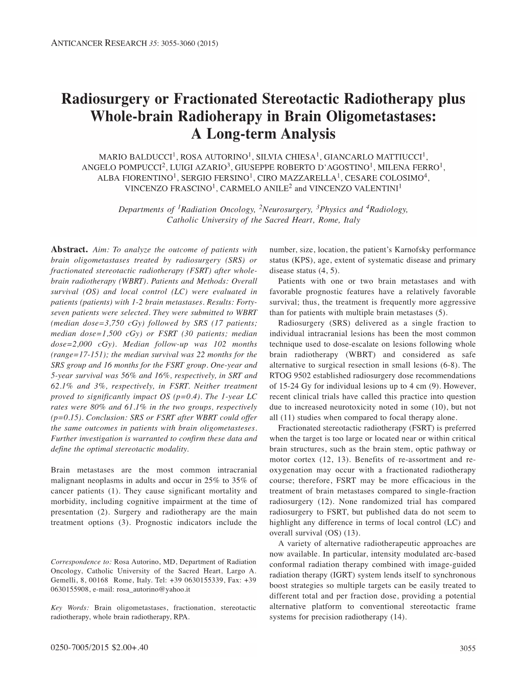 Radiosurgery Or Fractionated Stereotactic Radiotherapy Plus Whole-Brain Radioherapy in Brain Oligometastases: a Long-Term Analysis