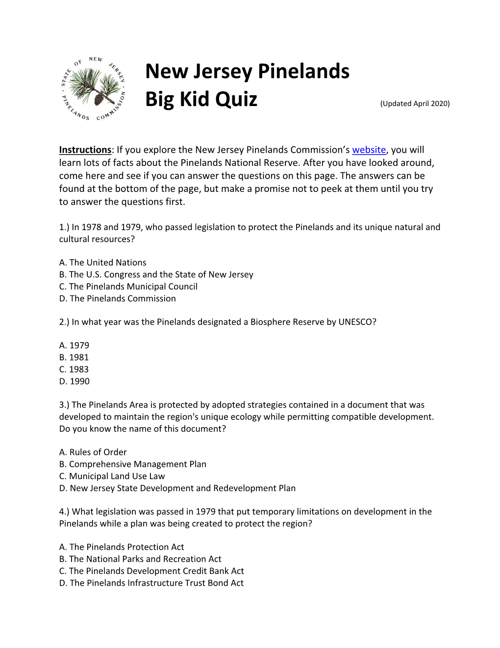 New Jersey Pinelands Big Kid Quiz