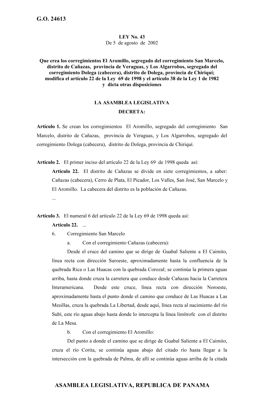 G.O. 24613 Asamblea Legislativa, Republica De Panama