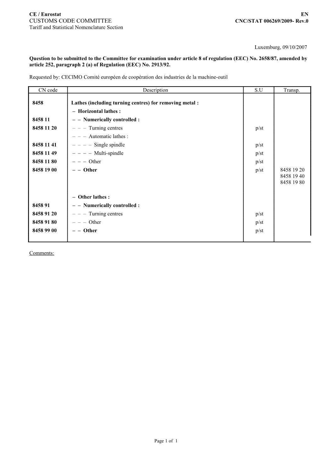 CUSTOMS CODE COMMITTEE CNC/STAT 006269/2009- Rev.0