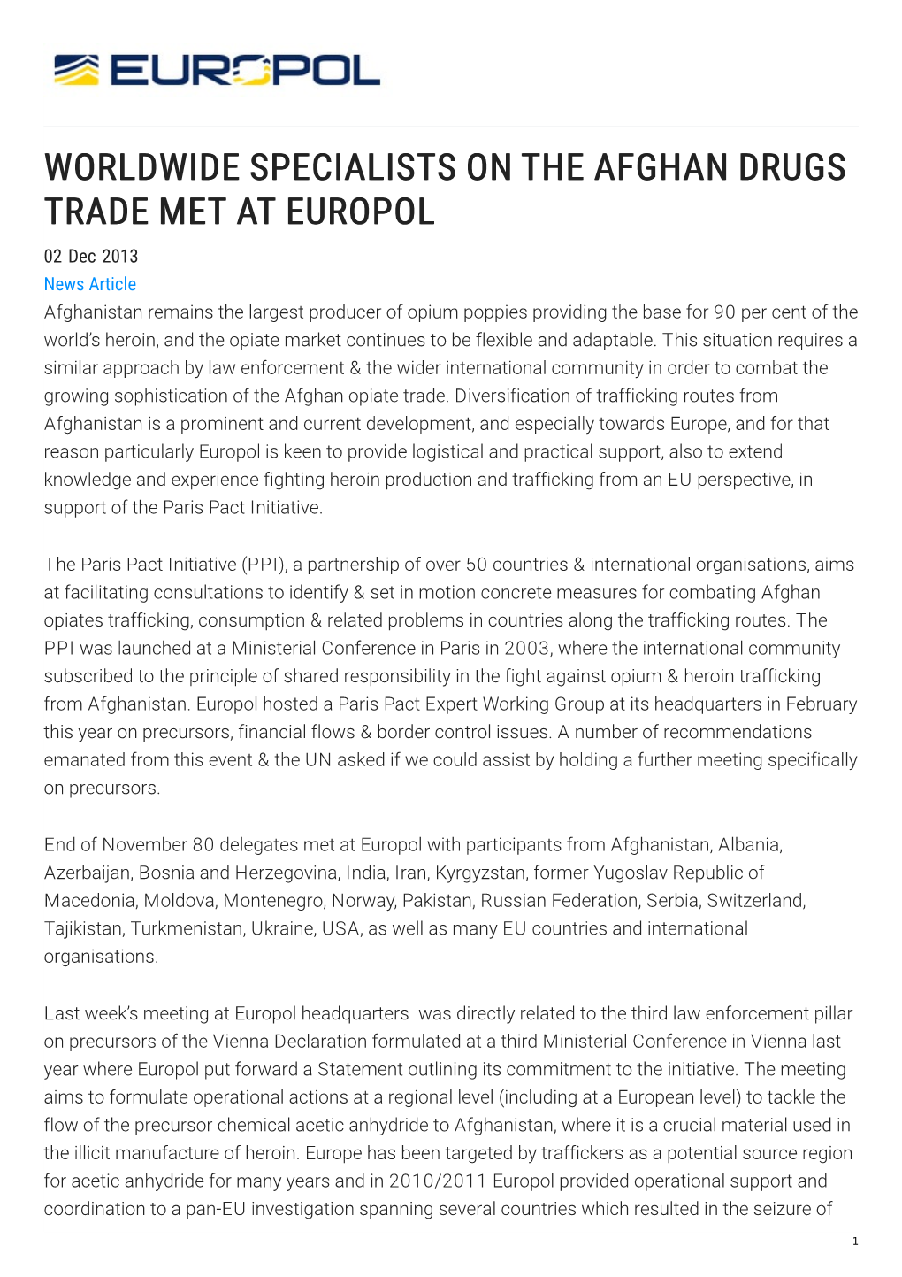 Worldwide Specialists on the Afghan Drugs Trade Met at Europol