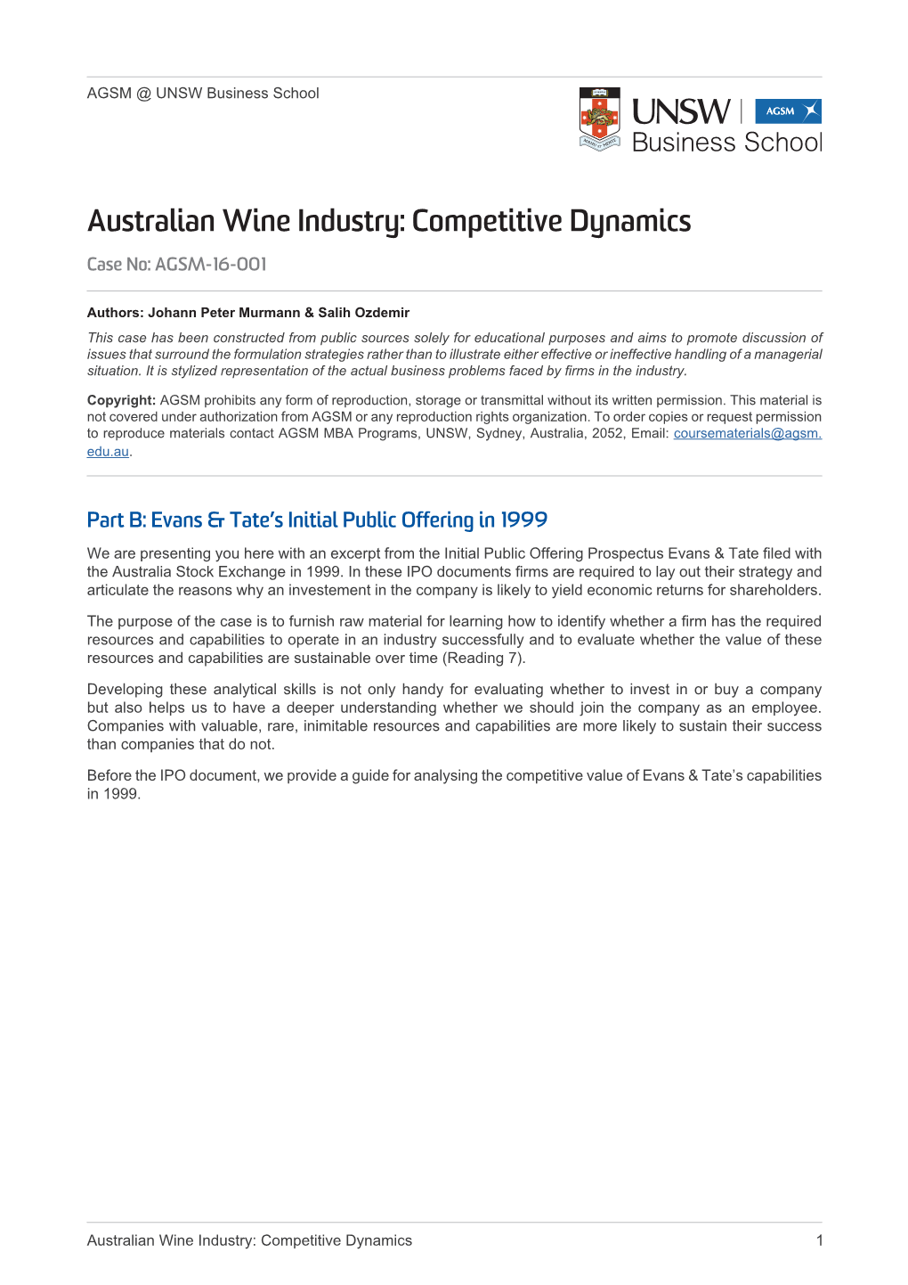 Australian Wine Industry: Competitive Dynamics Case No: AGSM-16-001