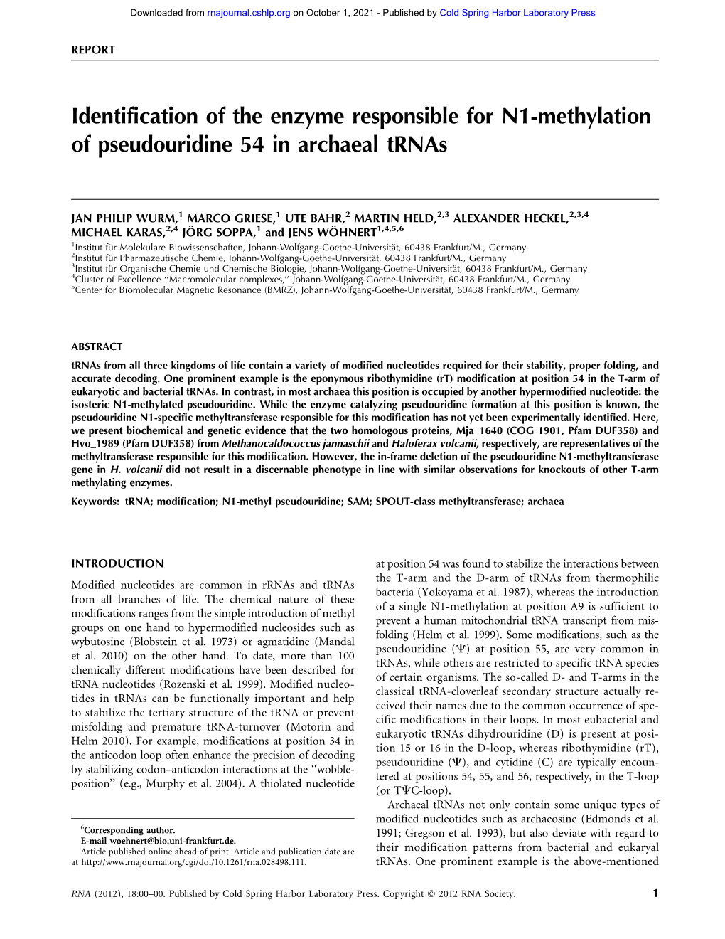 Identification of the Enzyme Responsible for N1-Methylation of Pseudouridine 54 in Archaeal Trnas