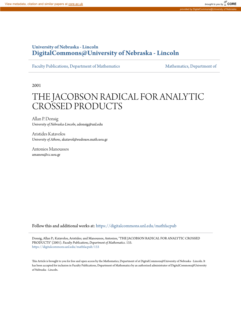 THE JACOBSON RADICAL for ANALYTIC CROSSED PRODUCTS Allan P