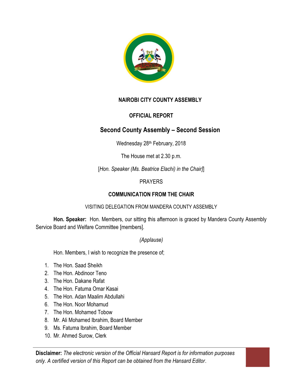 Second County Assembly – Second Session