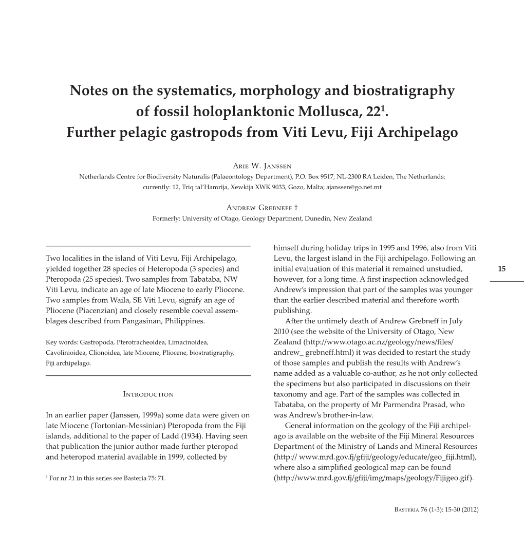 Notes on the Systematics, Morphology and Biostratigraphy of Fossil Holoplanktonic Mollusca, 22 1