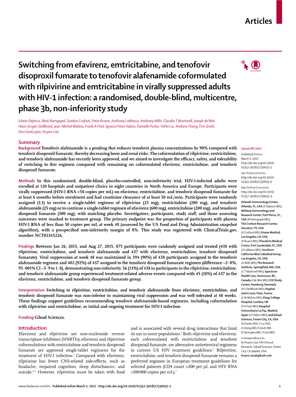 Switching from Efavirenz, Emtricitabine, and Tenofovir Disoproxil Fumarate