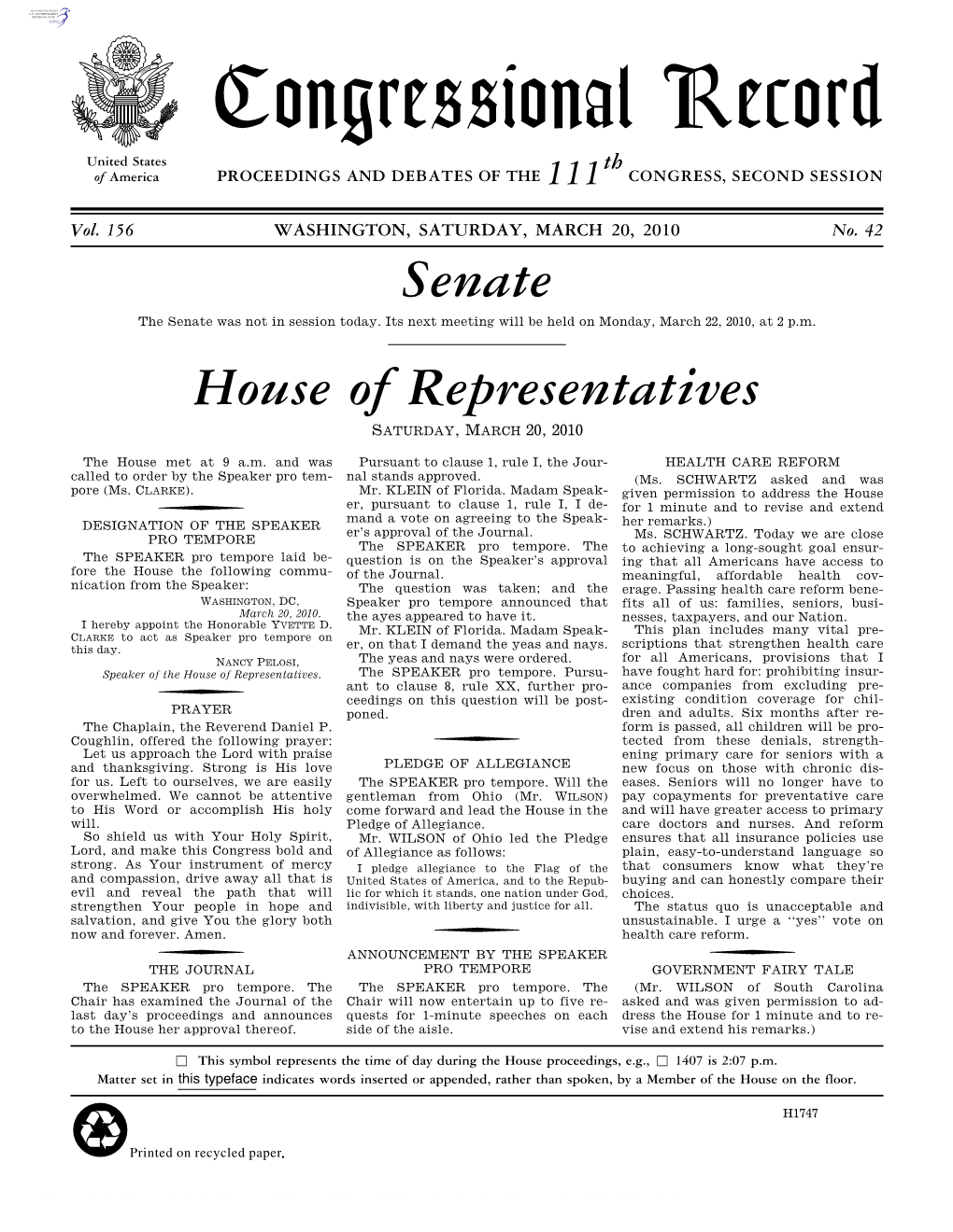 Congressional Record United States Th of America PROCEEDINGS and DEBATES of the 111 CONGRESS, SECOND SESSION