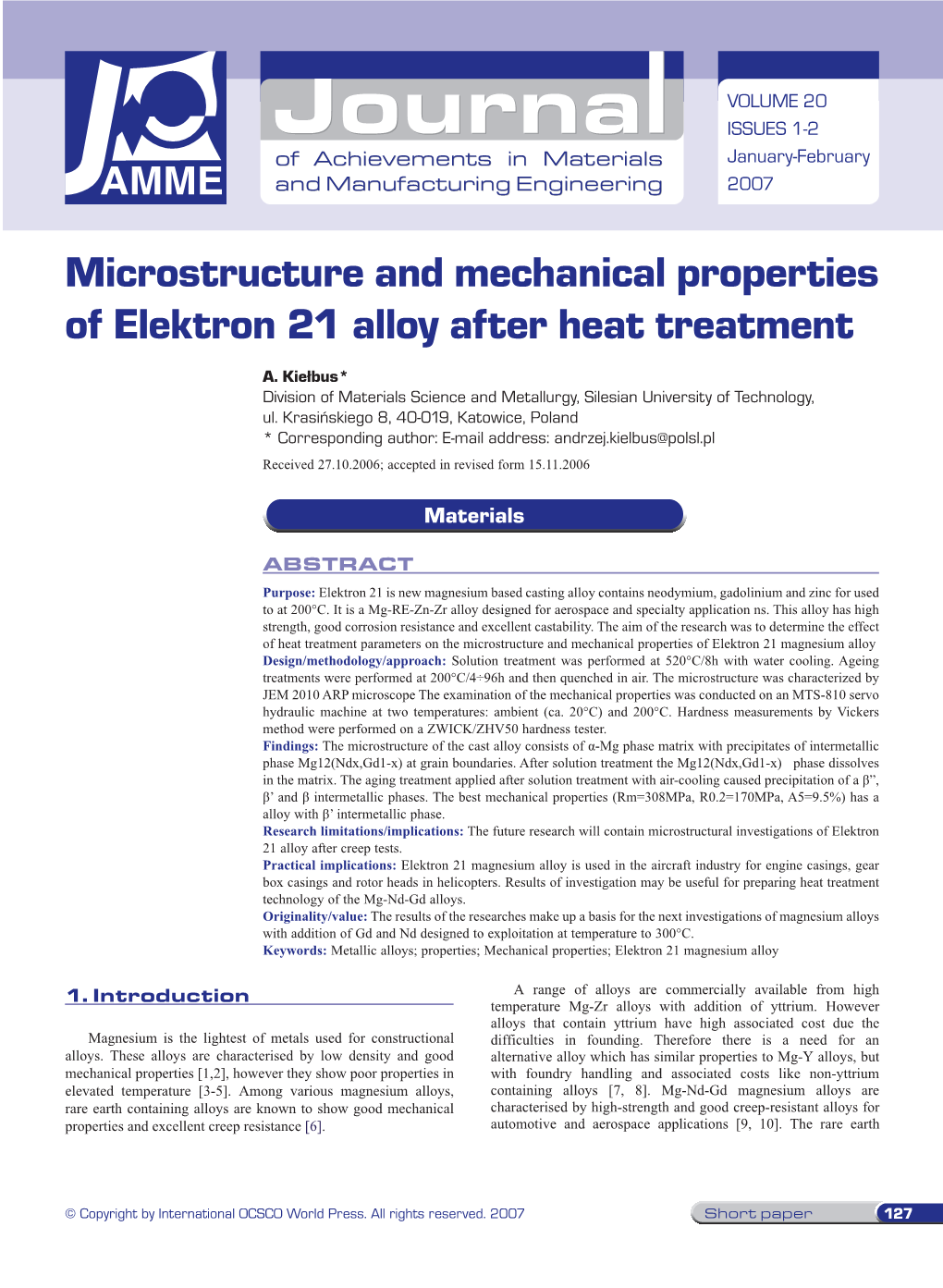 Microstructure and Mechanical Properties of Elektron 21 Alloy After Heat Treatment