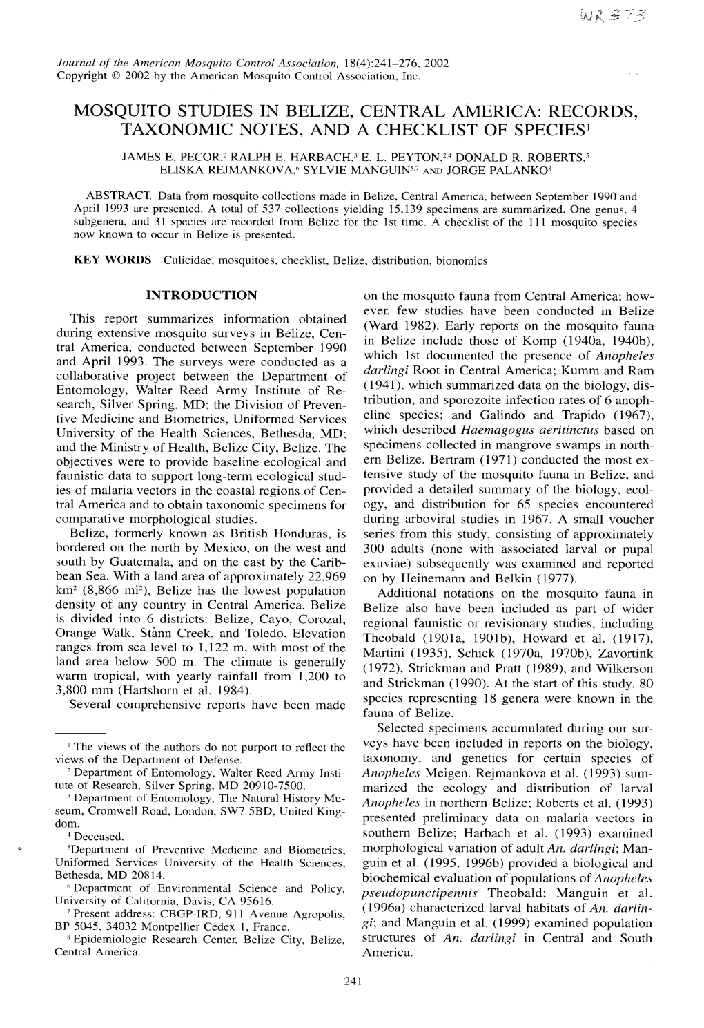 Mosquito Studies in Belize, Central America: Records, Taxonomic Notes, and a Checklist of Species