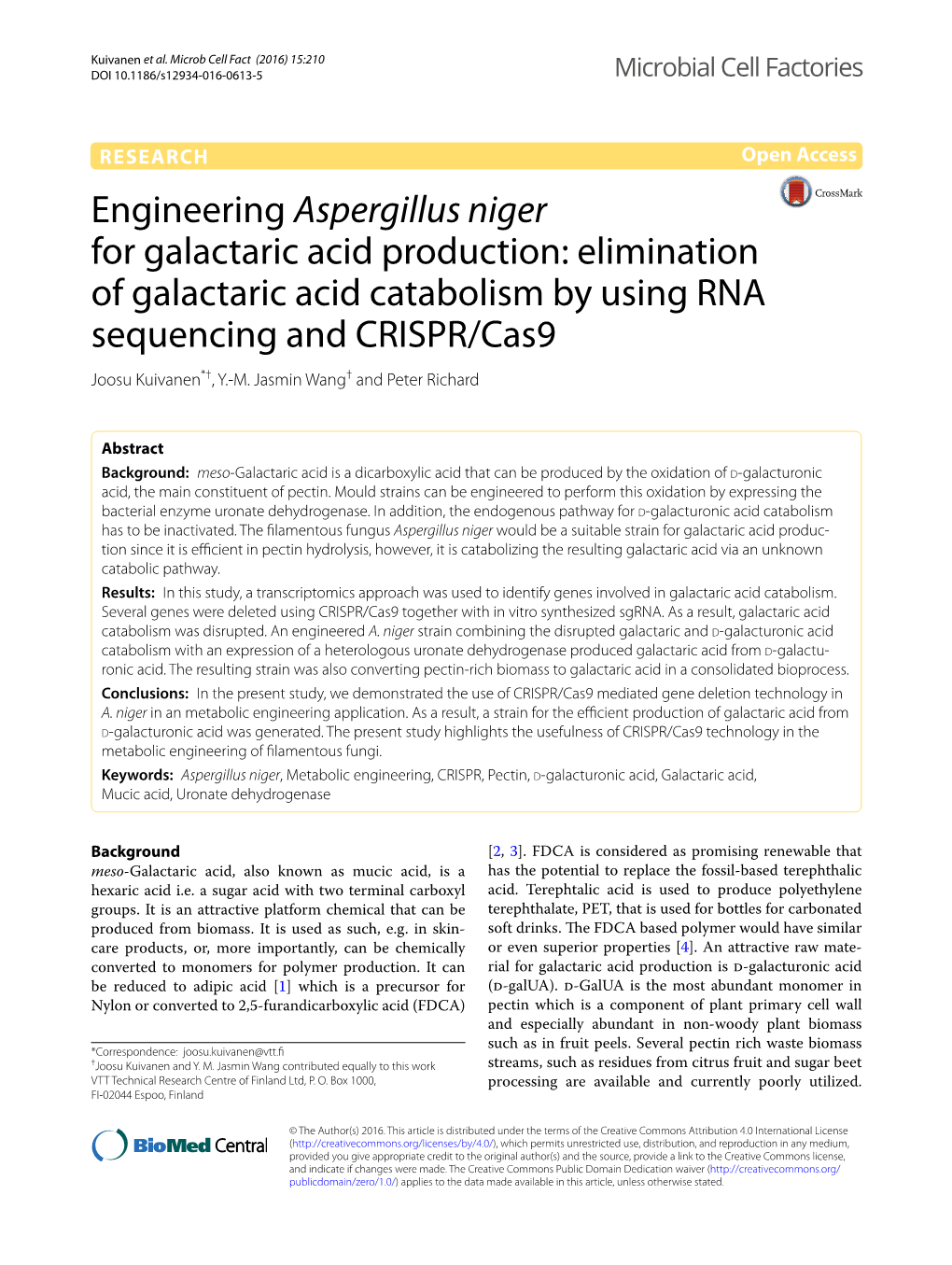 Elimination of Galactaric Acid Catabolism by Using RNA Sequencing and CRISPR/Cas9 Joosu Kuivanen*†, Y.‑M