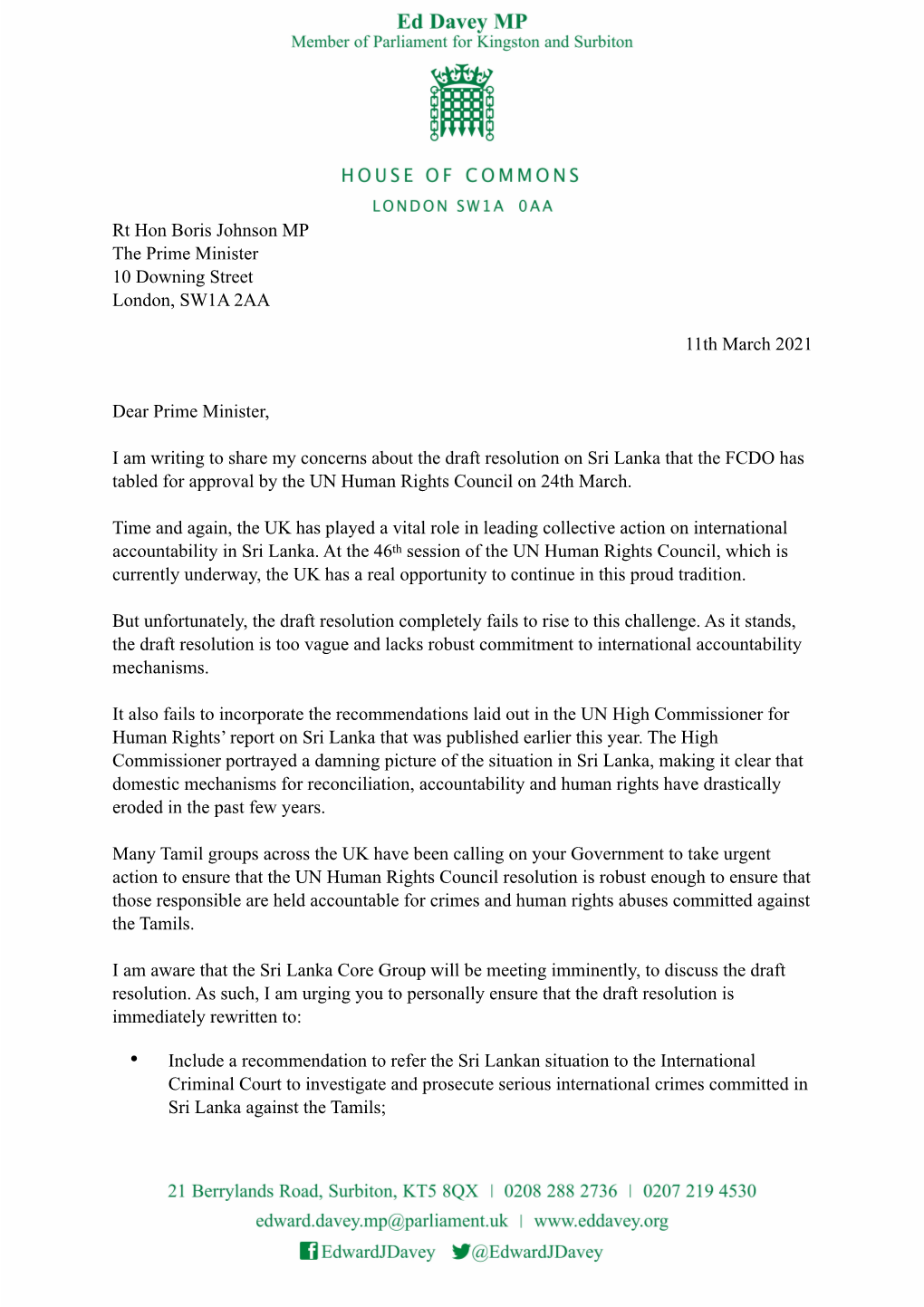 Letter from Ed Davey MP 11.03.21