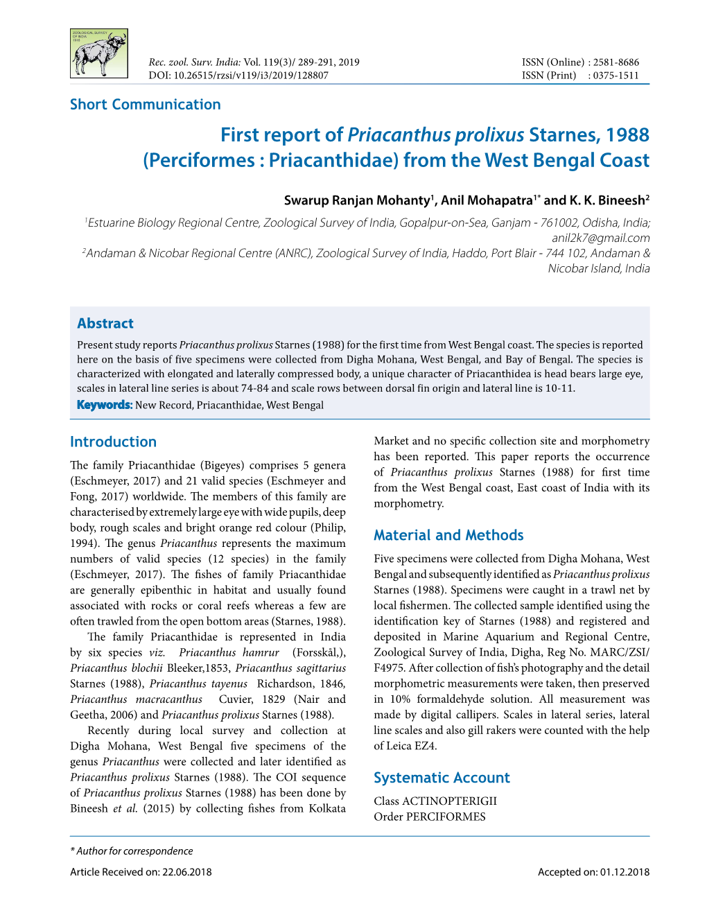 First Report of Priacanthus Prolixus Starnes, 1988 (Perciformes : Priacanthidae) from the West Bengal Coast