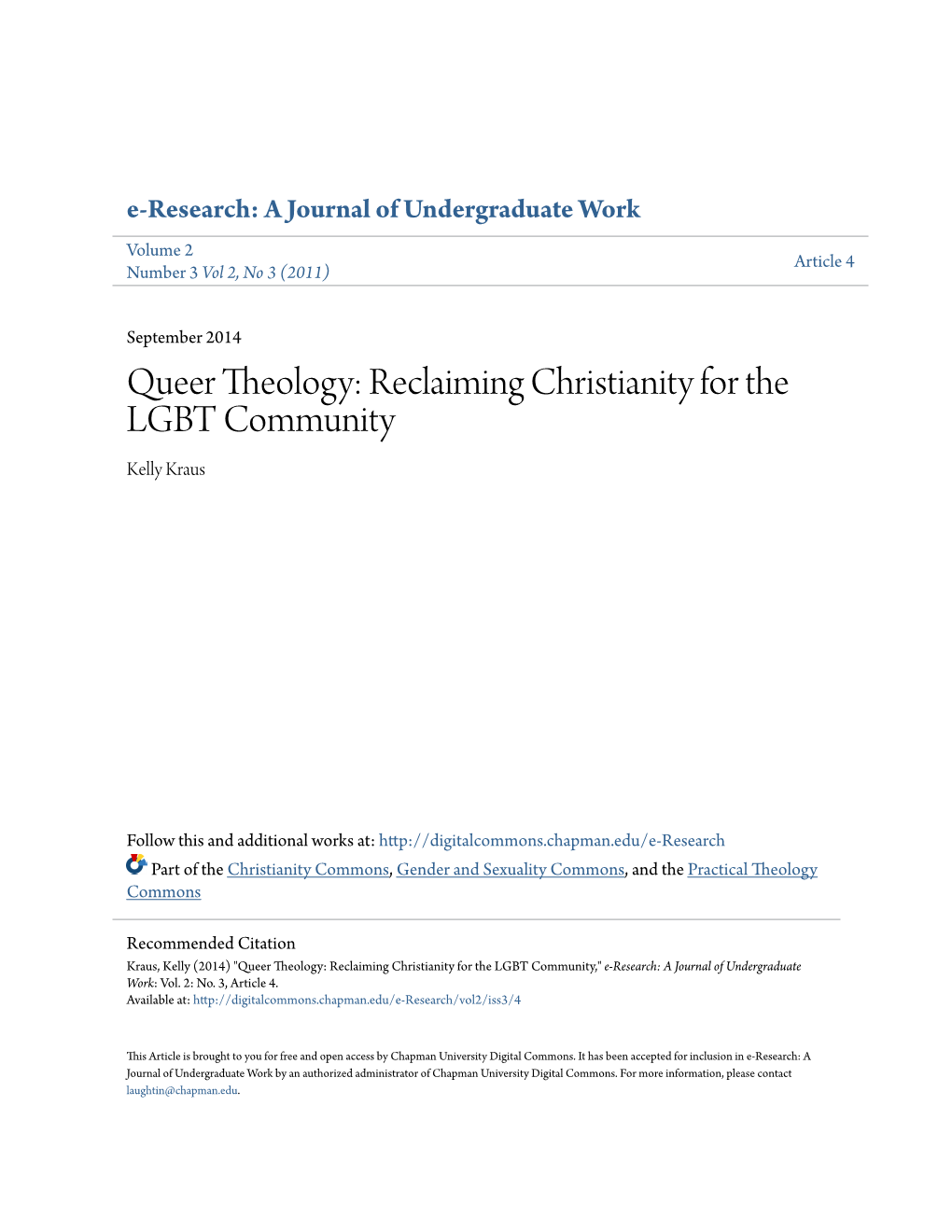 Queer Theology: Reclaiming Christianity for the LGBT Community Kelly Kraus