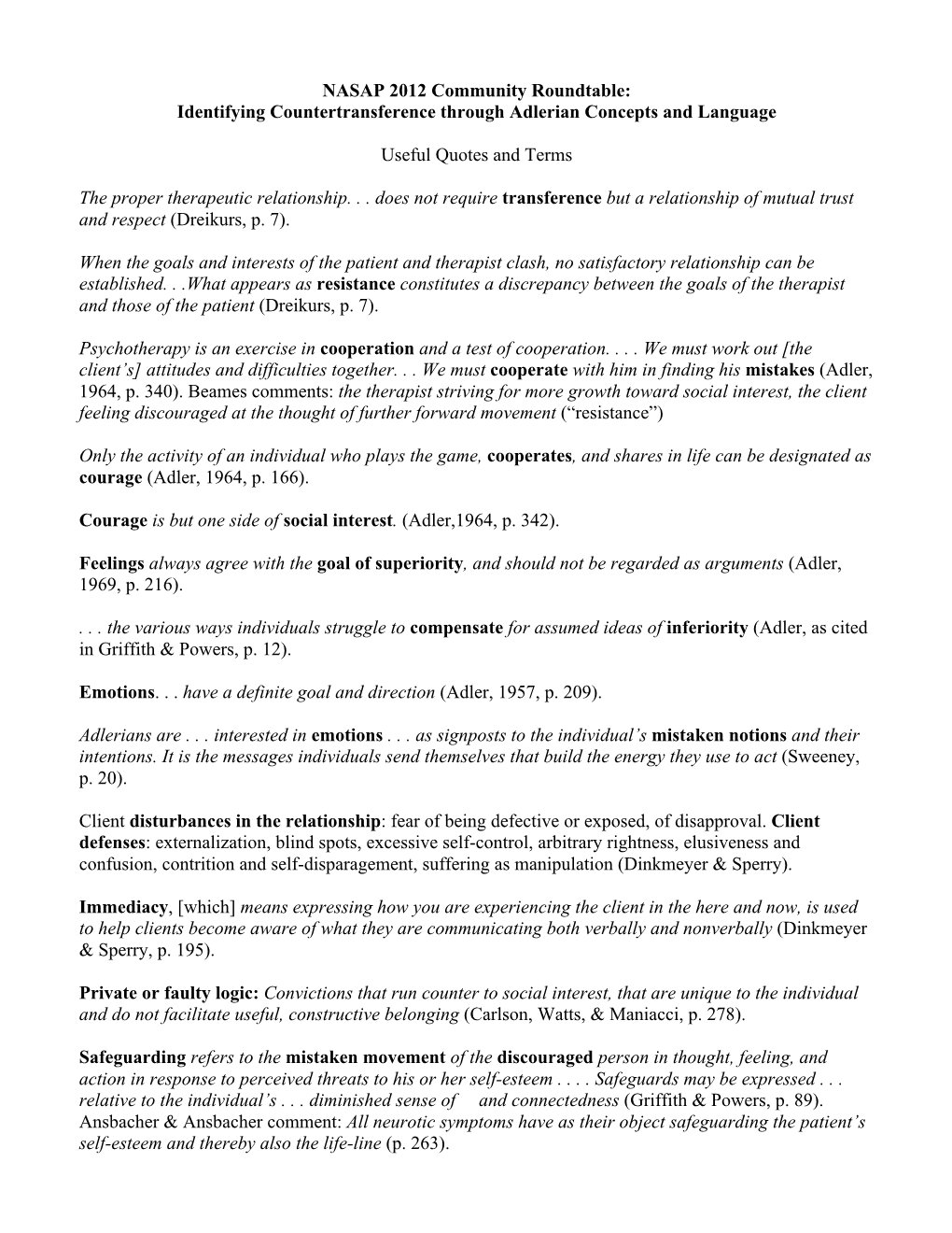 NASAP 2012 Community Roundtable: Identifying Countertransference Through Adlerian Concepts and Language