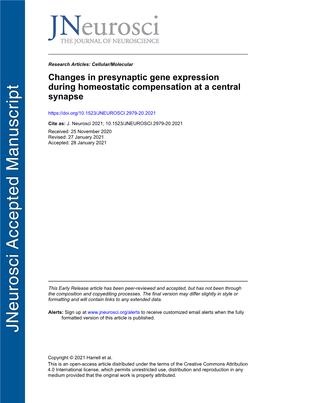 Changes in Presynaptic Gene Expression During Homeostatic Compensation at a Central Synapse