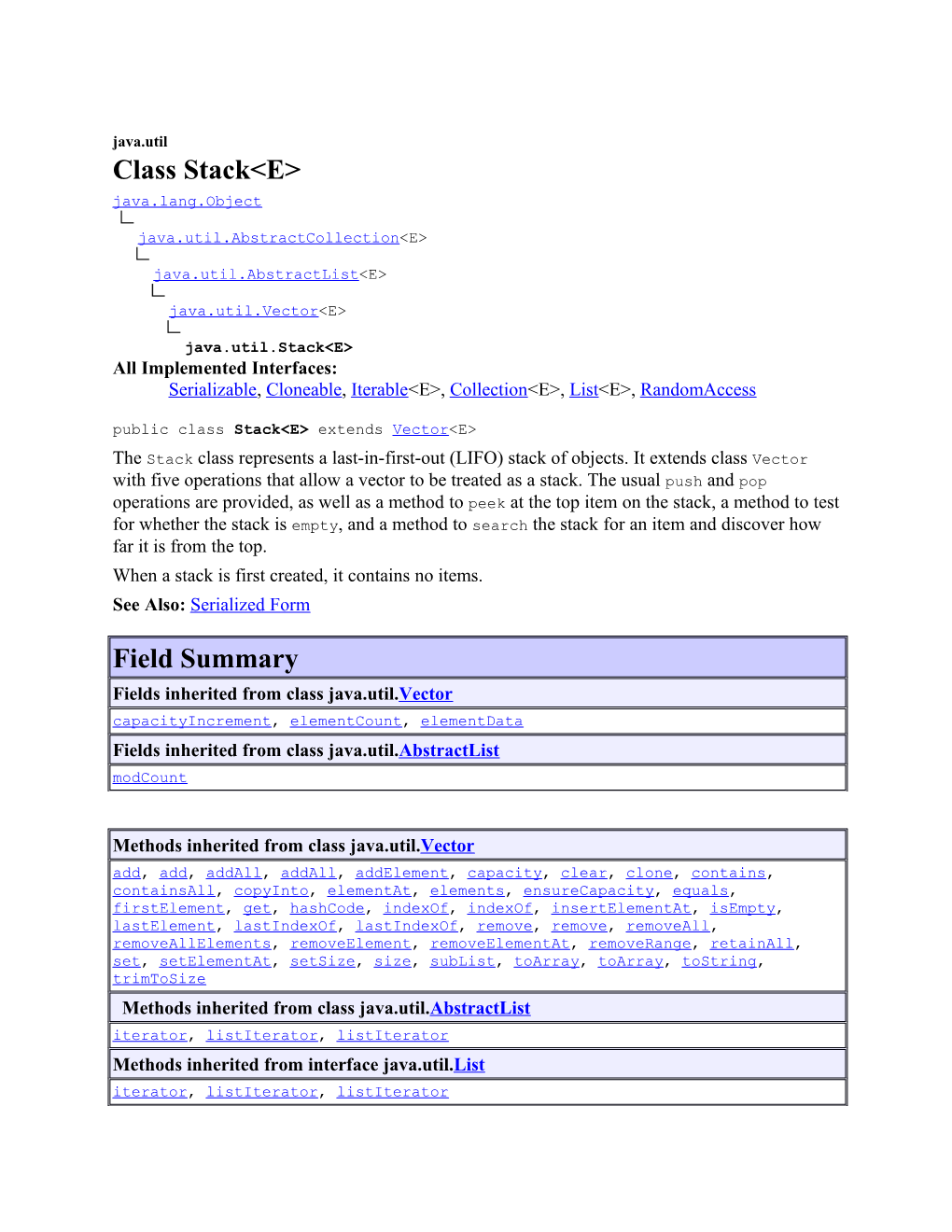 Java.Util Class Stack<E>