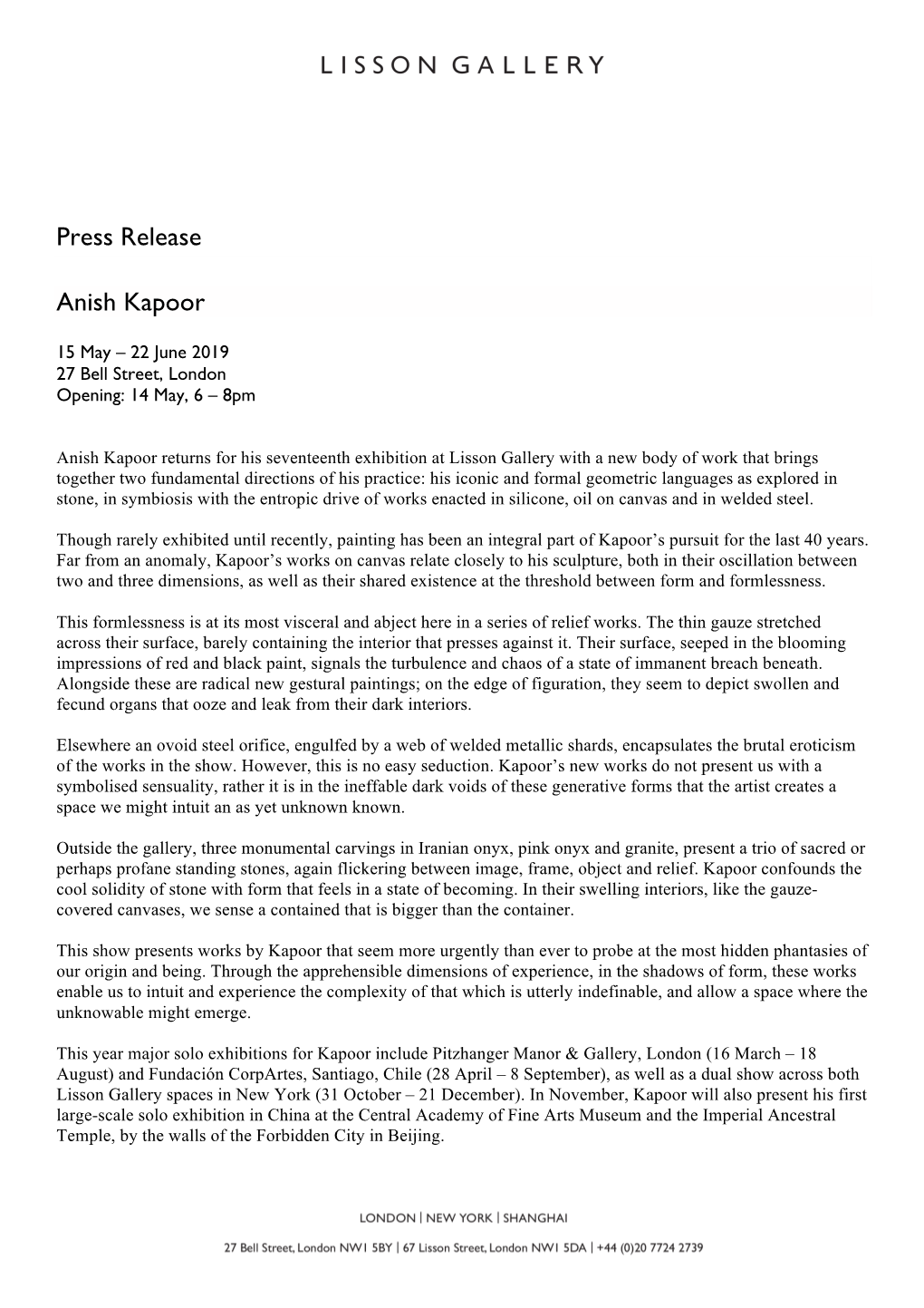 Press Release Anish Kapoor