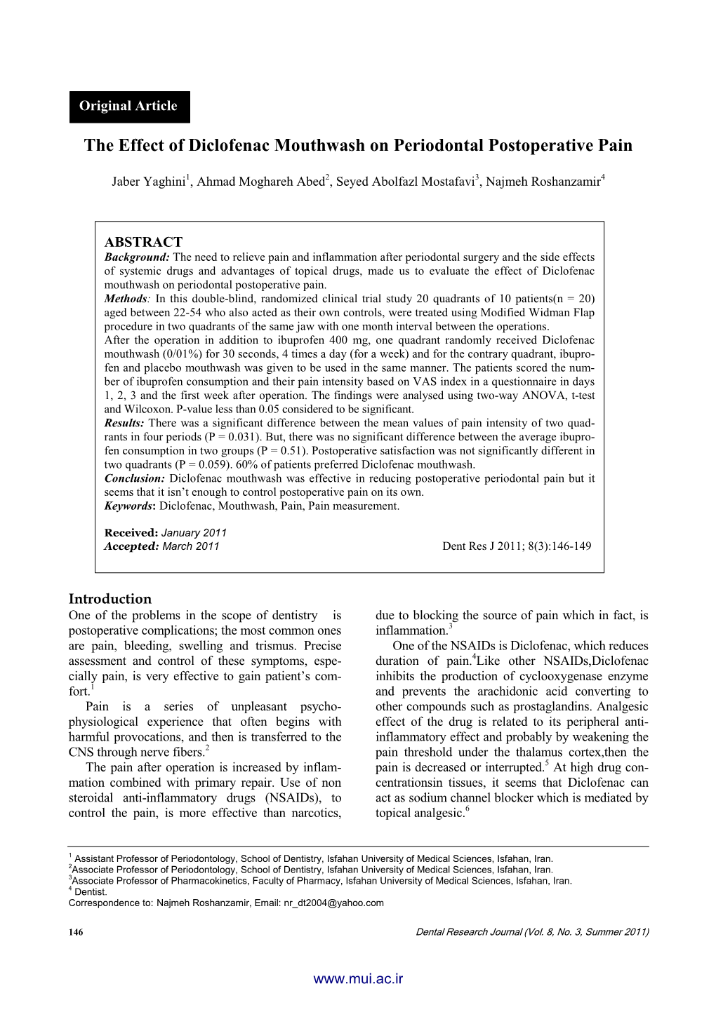 The Effect of Diclofenac Mouthwash on Periodontal Postoperative Pain