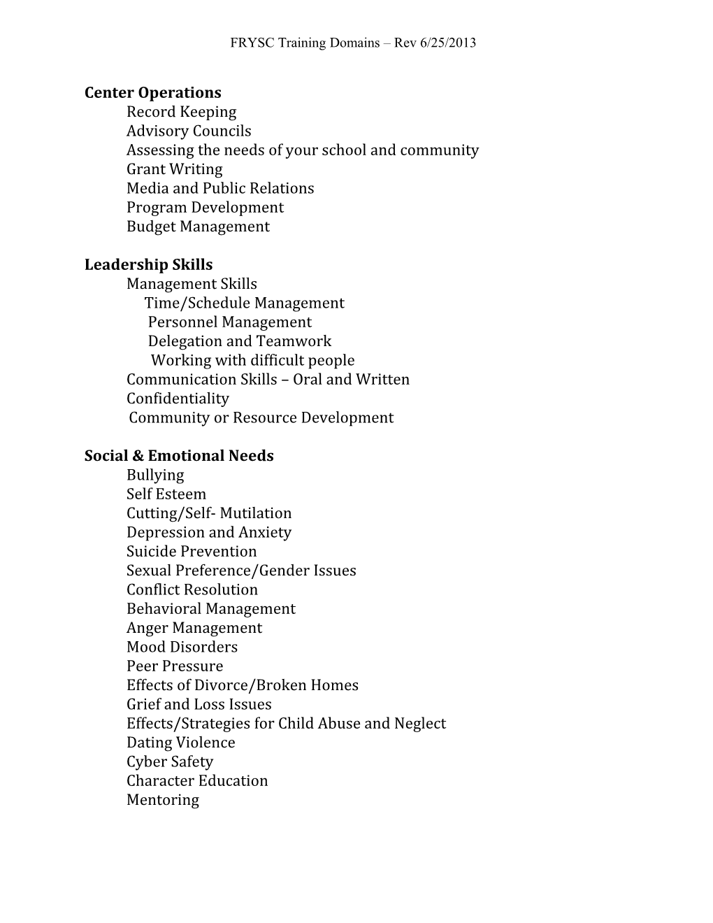 FRYSC Training Domains Rev 6/25/2013