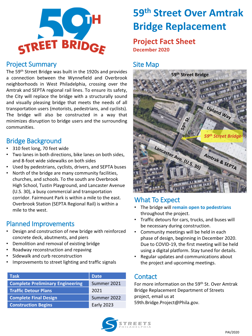 59Th Street Over Amtrak Bridge Replacement Project Fact Sheet December 2020