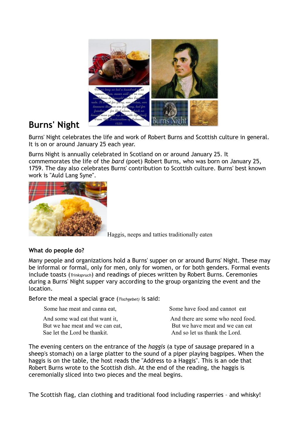 Burns' Night Burns' Night Celebrates the Life and Work of Robert Burns and Scottish Culture in General