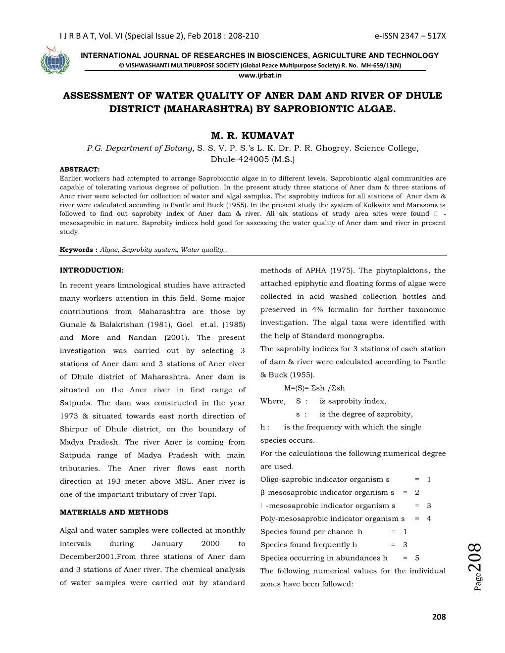 Assessment of Water Quality of Aner Dam and River of Dhule District (Maharashtra) by Saprobiontic Algae