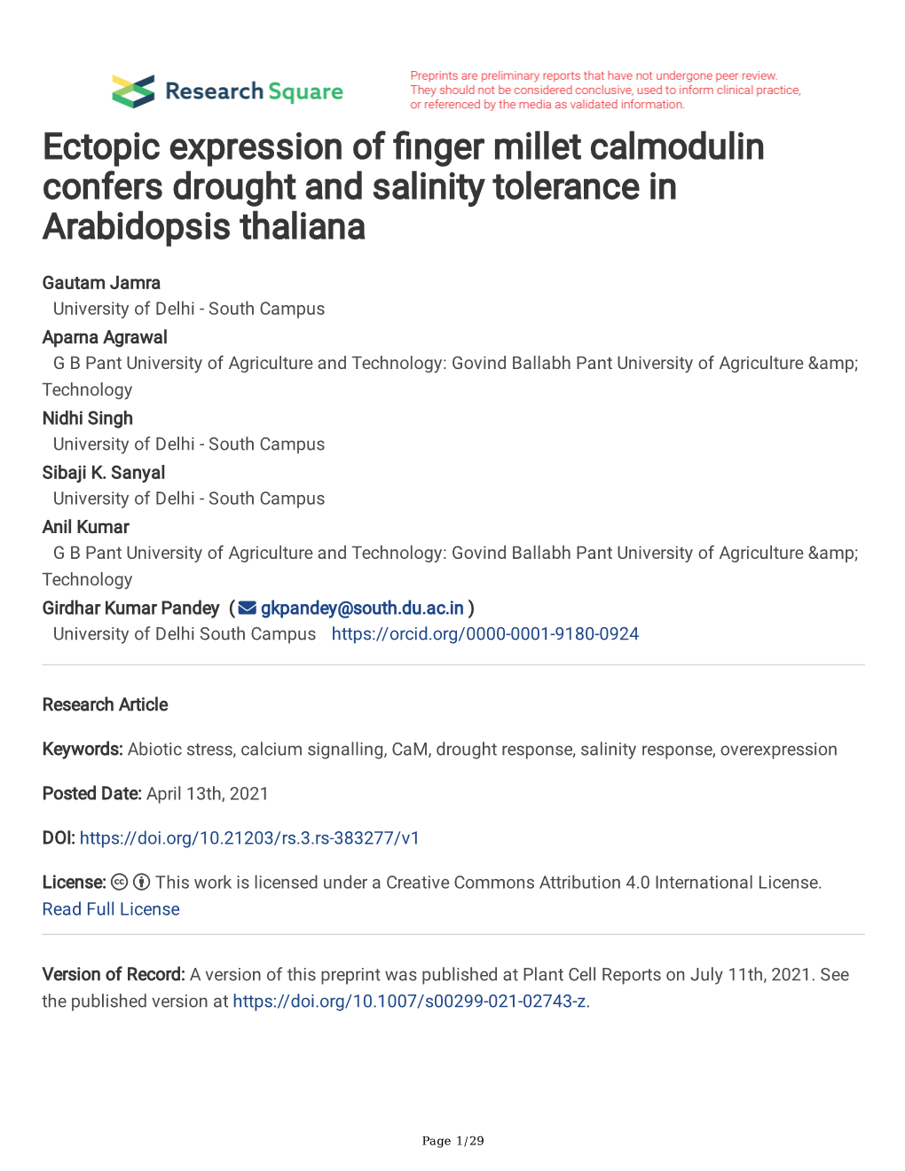 Ectopic Expression of Nger Millet Calmodulin Confers Drought And