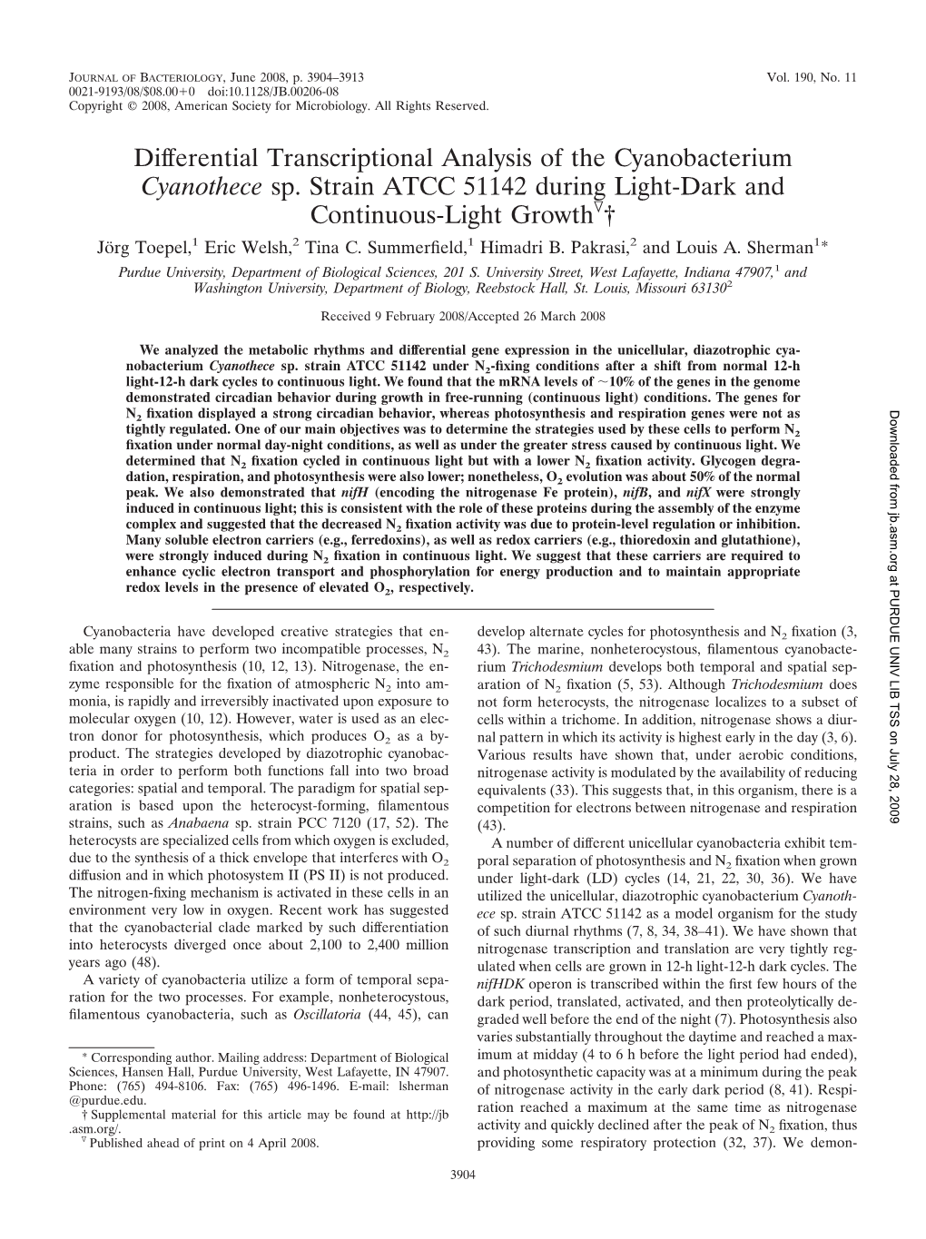 Differential Transcriptional Analysis of the Cyanobacterium Cyanothece Sp