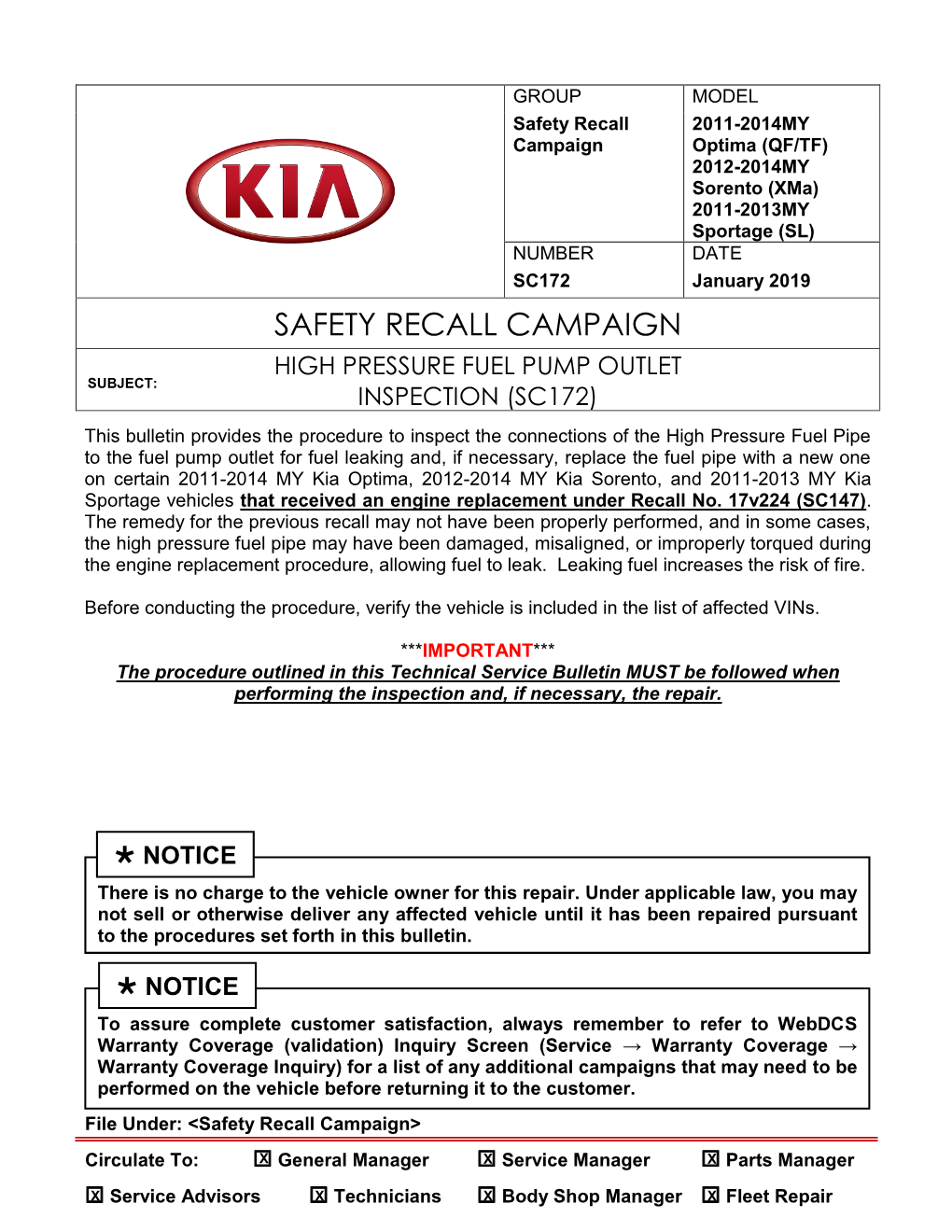 Safety Recall Campaign High Pressure Fuel Pump Outlet Subject: Inspection (Sc172)