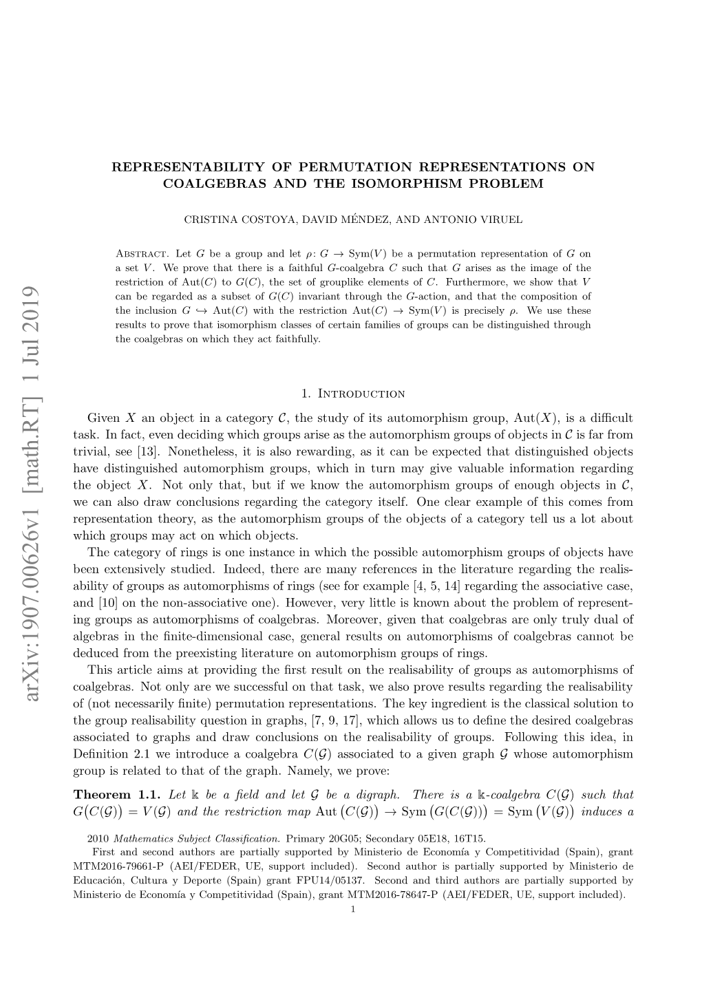 Arxiv:1907.00626V1 [Math.RT] 1 Jul 2019 Ru Srltdt Hto H Rp.Nml,W Prove: We Namely, 1.1