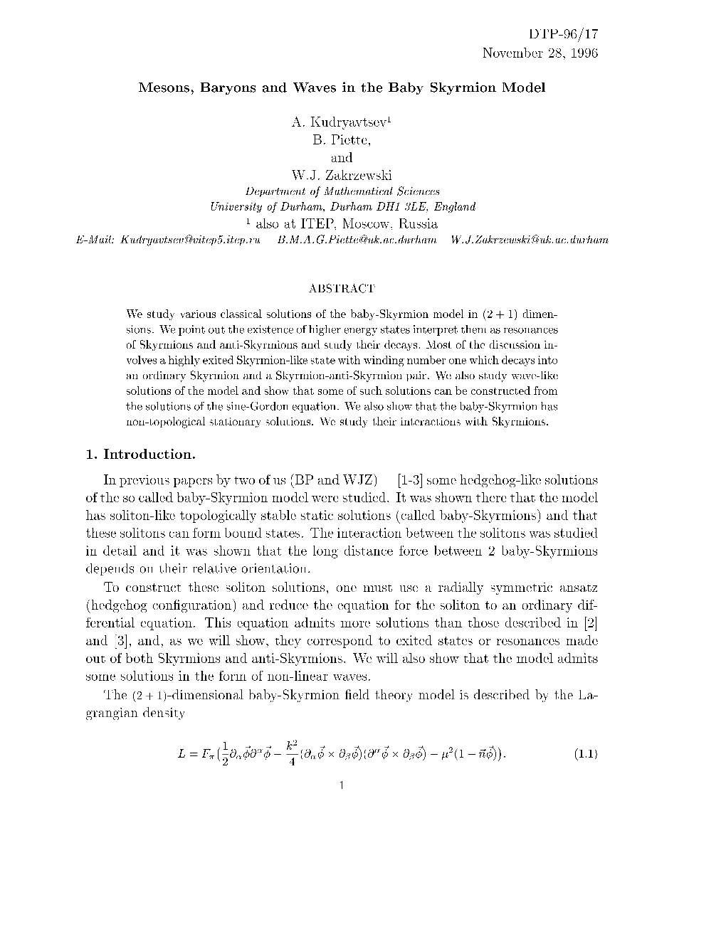 Mesons, Baryons and Waves in the Baby Skyrmion Model 1. Introduction