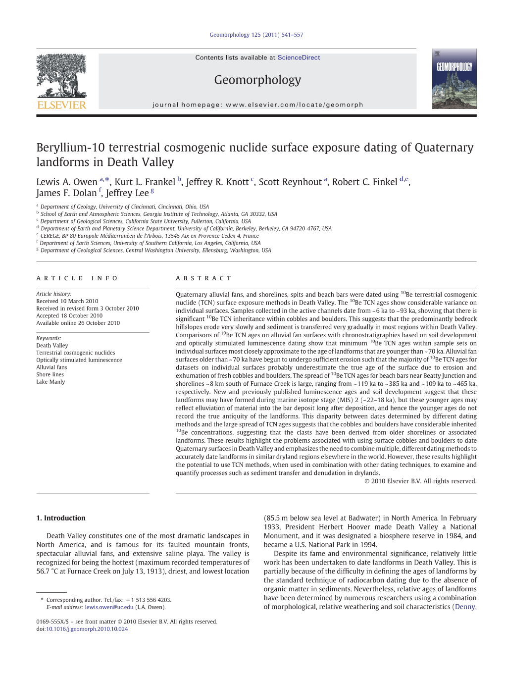 Beryllium-10 Terrestrial Cosmogenic Nuclide Surface Exposure Dating of Quaternary Landforms in Death Valley