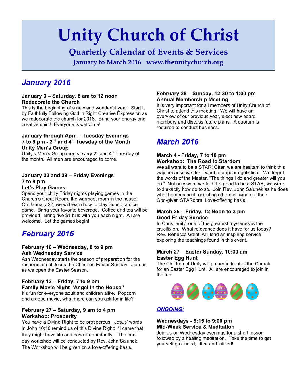 Unity Church of Christ Calendar