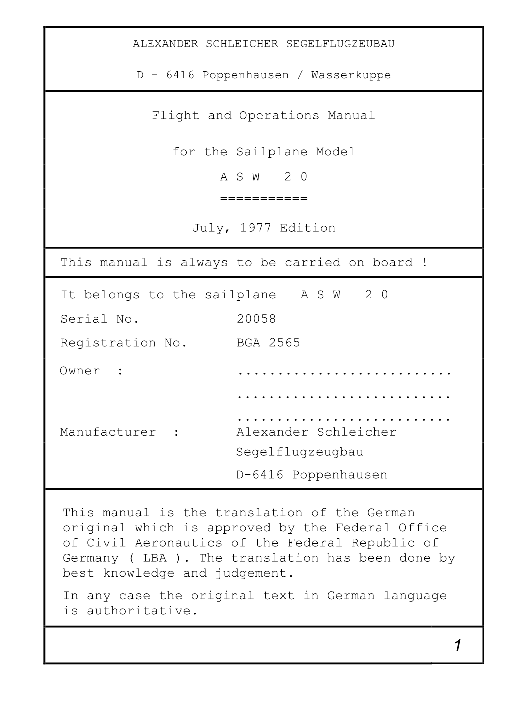 Flight and Operations Manual for the Sailplane Model a S W 2 0