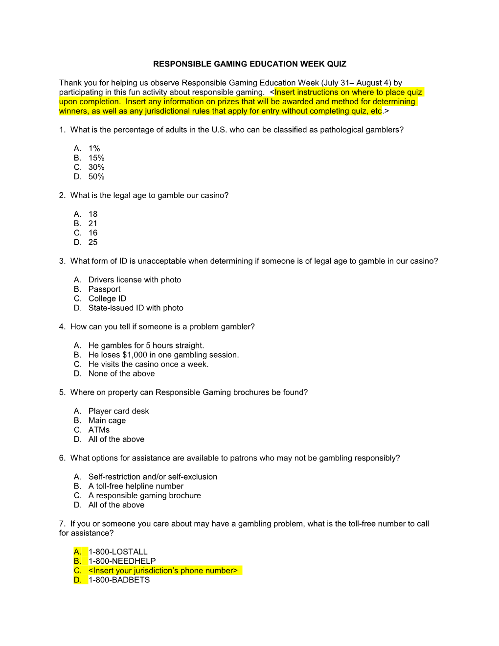 Harrah S Responsible Gaming Education Quiz