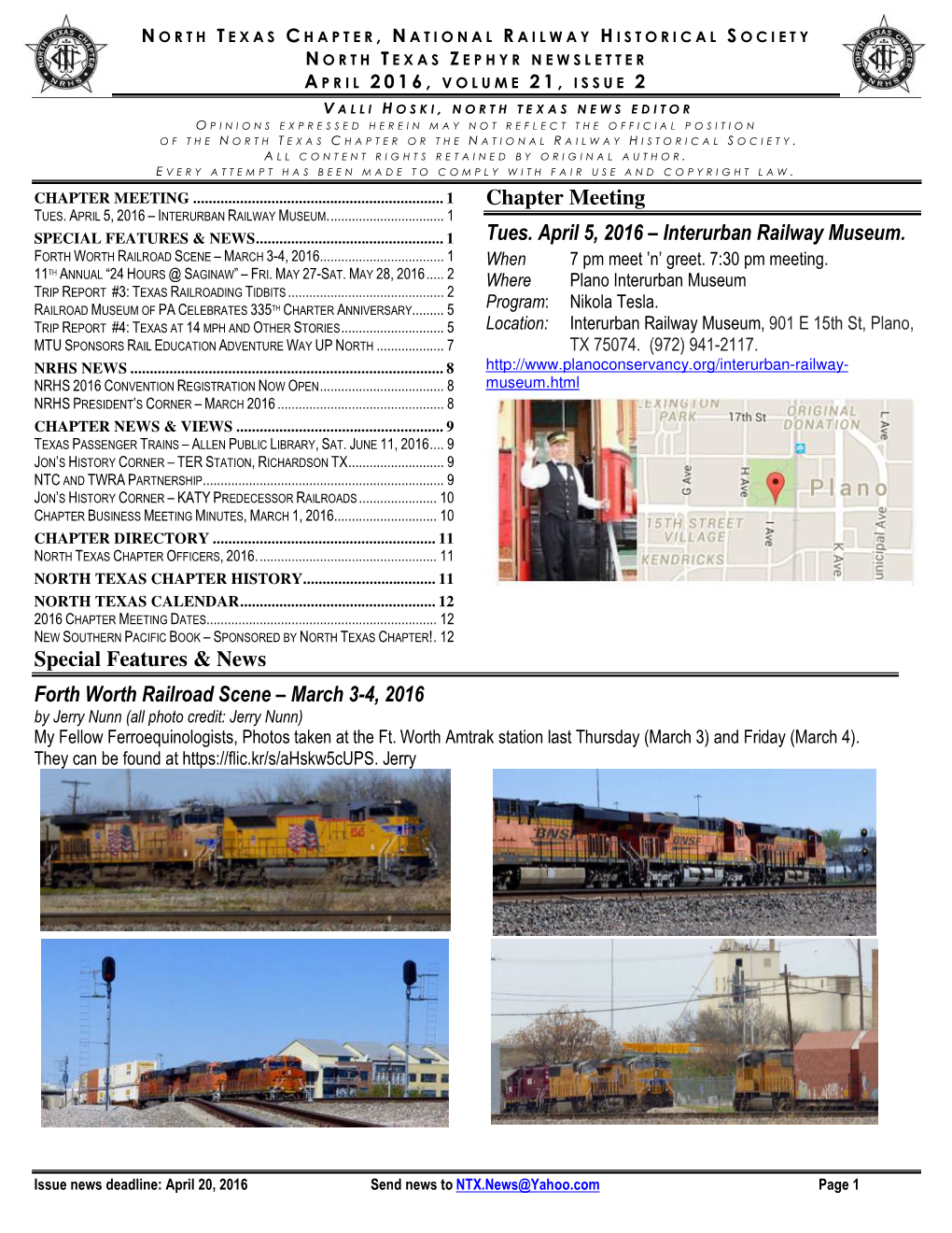 Chapter Meeting Tues. April 5, 2016 – Interurban Railway Museum