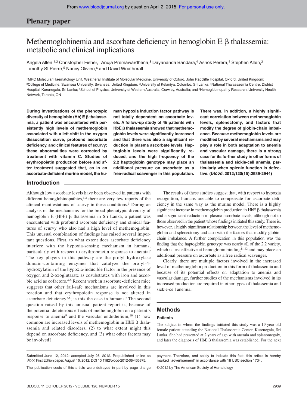 Methemoglobinemia and Ascorbate Deficiency in Hemoglobin E Β Thalassemia: Metabolic and Clinical Implications