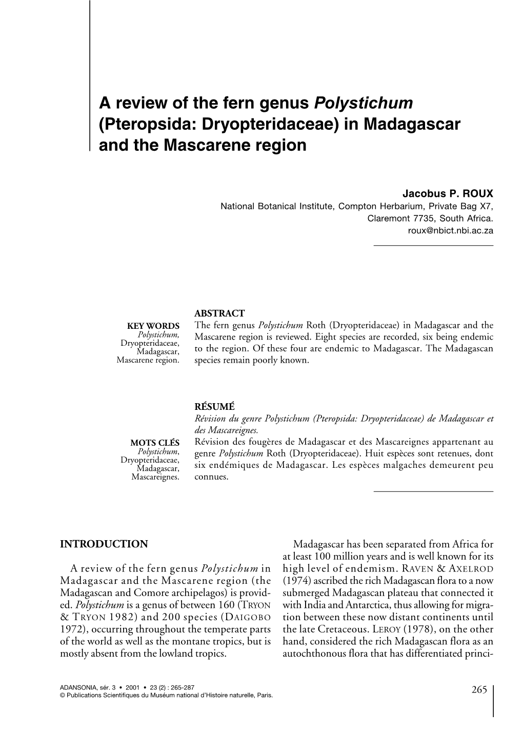 A Review of the Fern Genus Polystichum (Pteropsida: Dryopteridaceae) in Madagascar and the Mascarene Region