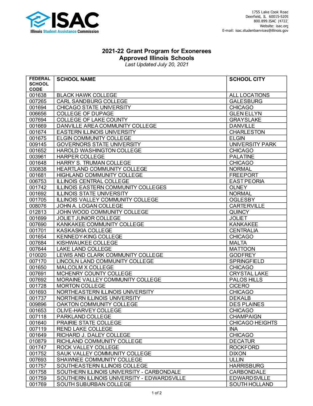 2021-22 Grant Program for Exonerees Approved Illinois Schools Last Updated July 20, 2021