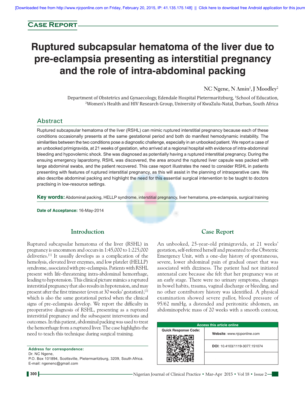 Ruptured Subcapsular Hematoma of the Liver Due to Pre‑Eclampsia Presenting As Interstitial Pregnancy and the Role of Intra‑Abdominal Packing