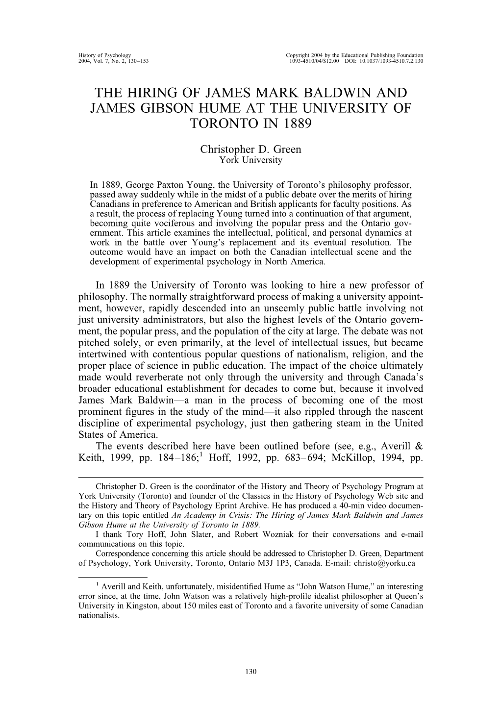 The Hiring of James Mark Baldwin and James Gibson Hume at Toronto in 1889