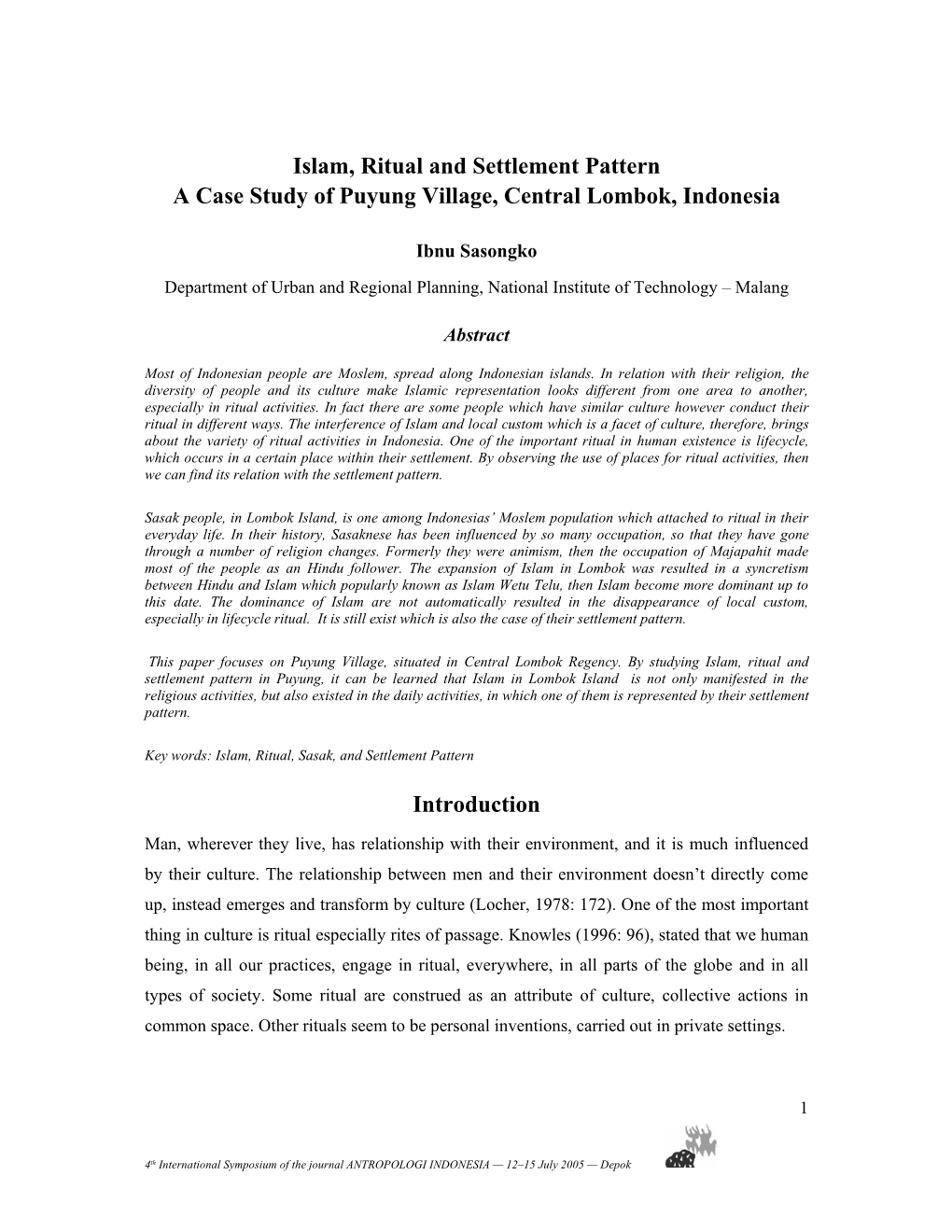 Islam, Ritual and Settlement Pattern a Case Study of Puyung Village, Central Lombok, Indonesia